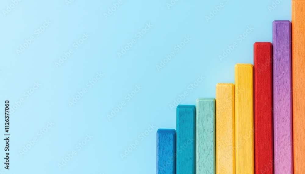 A vibrant arrangement of colored sticks against a light blue background, showcasing a spectrum of hues in a neat ascending order. A vibrant arrangement of colored sticks against a light blue background, showcasing a spectrum of hues in a neat ascending order.