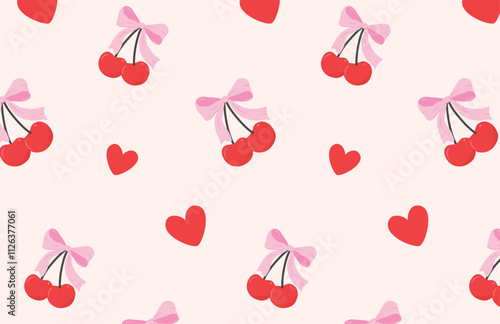 Pattern with cherries, hearts and a bow. Cute coquette aesthetic pink ribbon bow with red cherries. Packaging, postcard, seamless background and print for Valentine's day fabric 