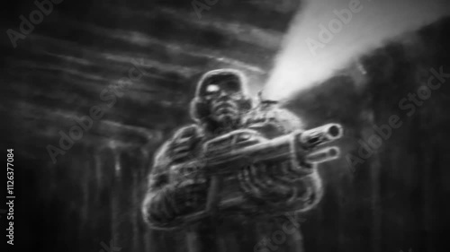 Angry soldier bursts into bunker inhabited by monsters. 2D animation in scifi horror. Battle with scary aliens. Creepy animated backdrop movie. Vj videos and music clips. Black and white background.