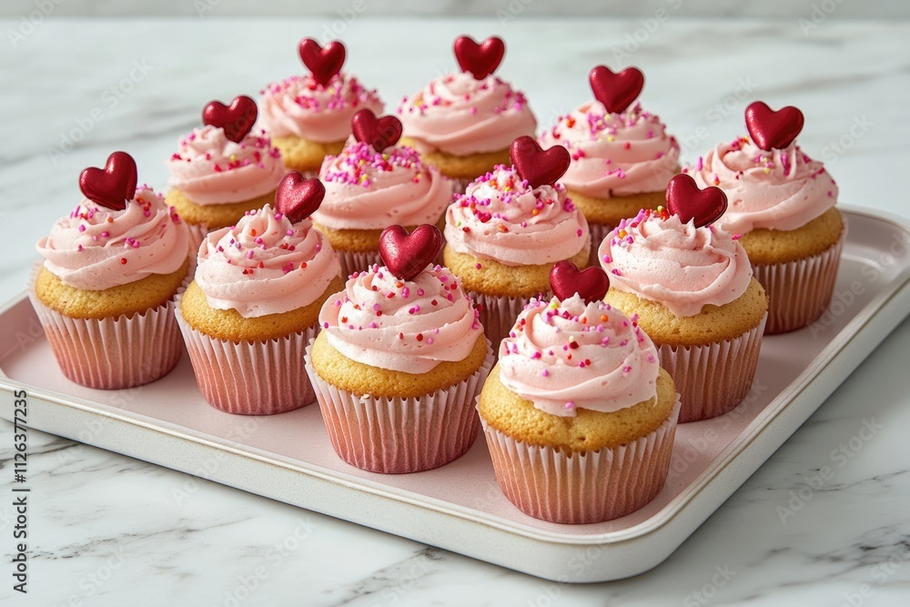 A tray of Valentine's cupcakes with pink frosting and sprinkles A tray of Valentine's cupcakes with pink frosting and sprinkles