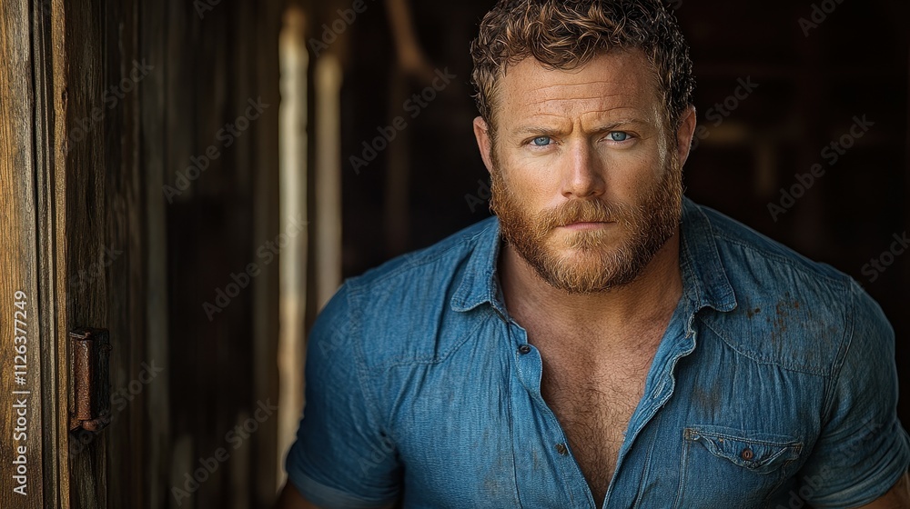 A man with a beard and blue shirt is standing in front of a wooden door. Scene is casual and relaxed A man with a beard and blue shirt is standing in front of a wooden door. Scene is casual and relaxed