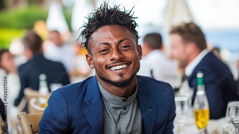 Fototapeta premium A man with a beard and dreadlocks is smiling at the camera. He is wearing a blue jacket and a gray shirt. There are several bottles and wine glasses on the table behind him