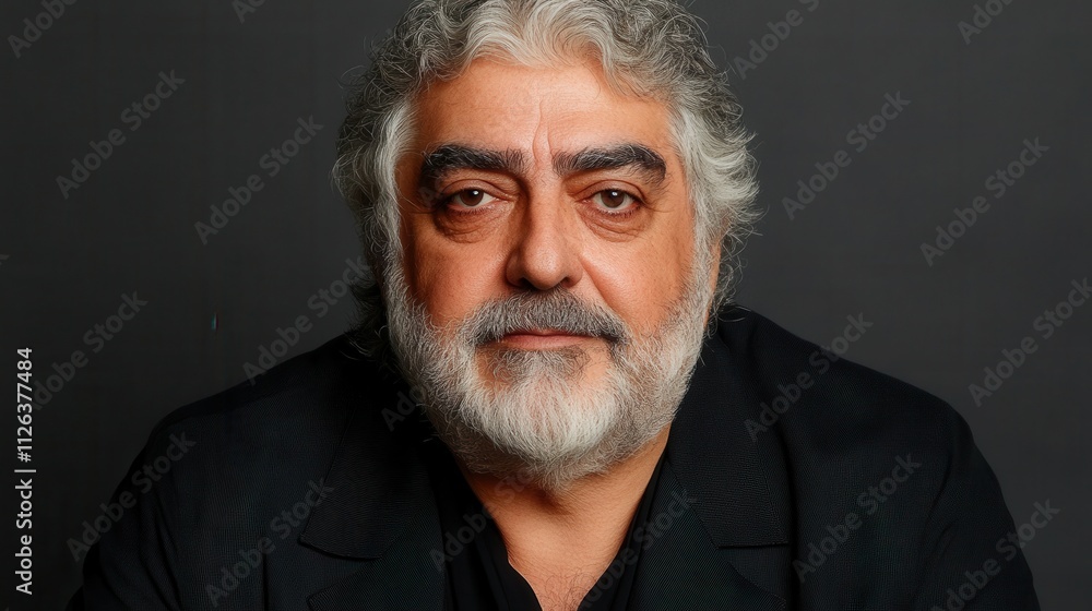 Fototapeta premium A man with a beard and gray hair is smiling. He is wearing a black jacket and a black shirt