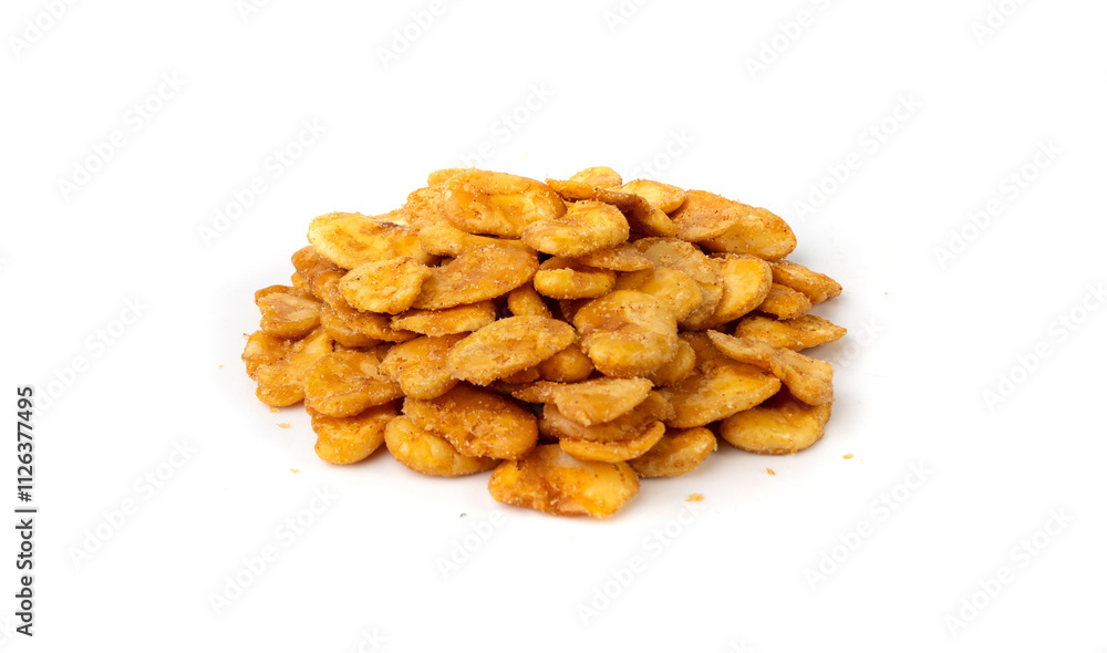 Fototapeta premium Roasted broad beans snack isolated, fried vicia faba, spicy legume, crispy big beans chips for salads