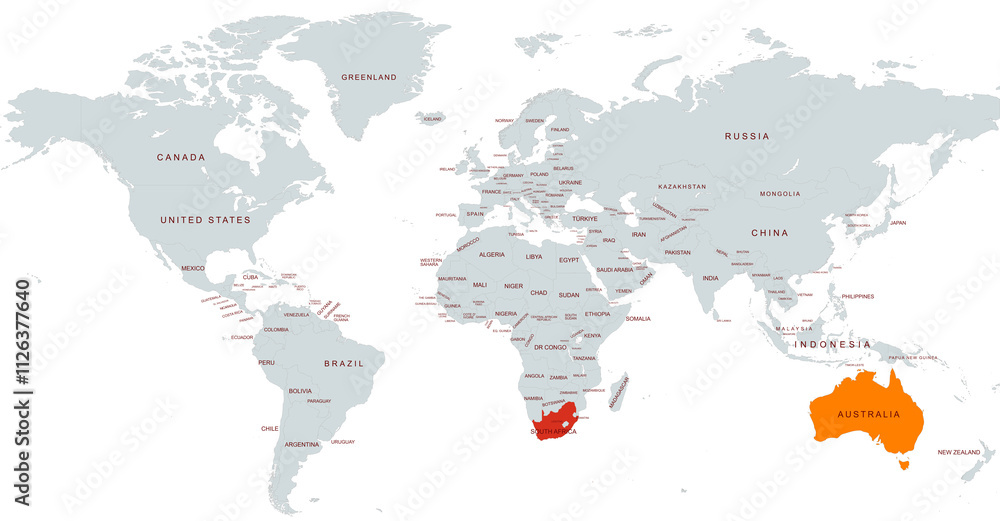 Obraz premium World Map Highlighting Australia and south africa in Colors