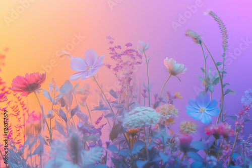 Minimal surrealism background with wildflowers in pastel holographic colors with gradient