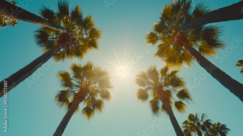 Low-angle shots of palm trees in Los Angeles, capturing sun rays.