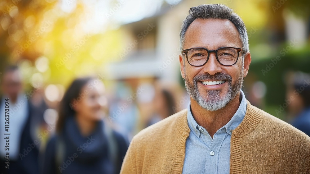 Obraz premium A man with glasses and a beard is smiling and wearing a yellow sweater. He is surrounded by people, some of whom are carrying backpacks