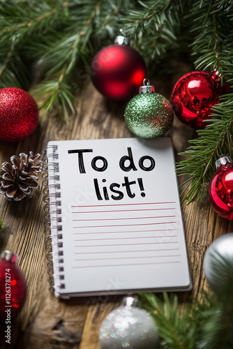 notepad with inscription "to do list:" on the solid background with christmas ornaments