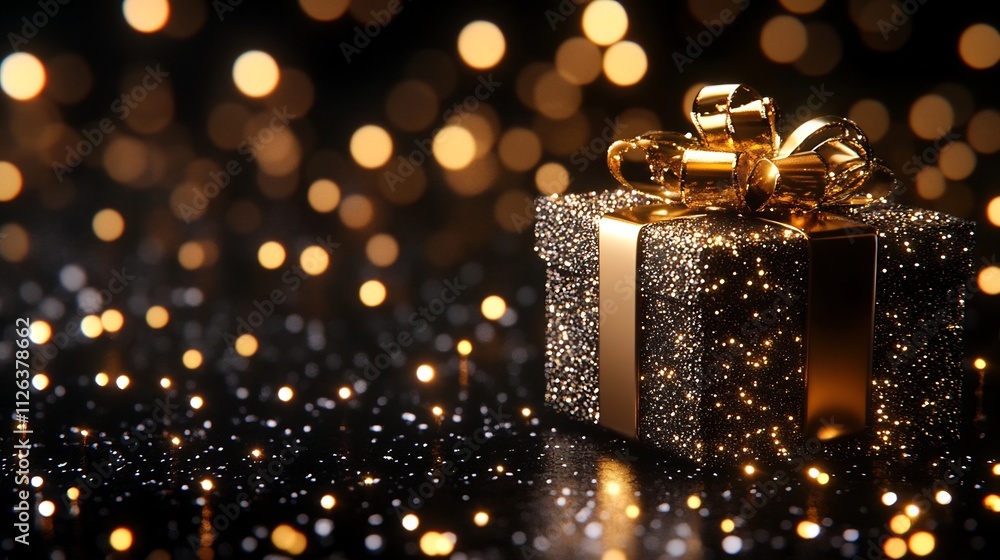 Wrapped Gift Box Surrounded by Twinkling Lights on Dark Background Wrapped Gift Box Surrounded by Twinkling Lights on Dark Background