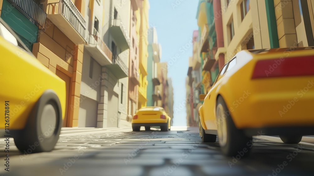 Fototapeta premium Yellow cars drive cobblestone street, colorful buildings.