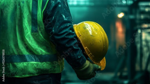 Worker with safety helmet, construction site, industrial worker, yellow hard hat, safety gear