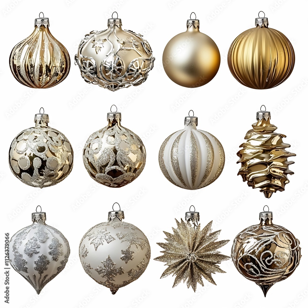 Elegantly Crafted New Year Collection with Metallic Baubles Spheres and Patterns on White Background Elegantly Crafted New Year Collection with Metallic Baubles Spheres and Patterns on White Background