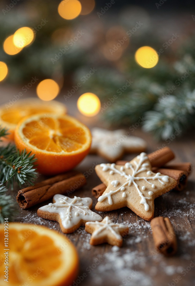 Cozy holiday scene with decorated cookies, cinnamon sticks, and dried oranges.
Cozy holiday scene with decorated cookies, cinnamon sticks, and dried oranges.