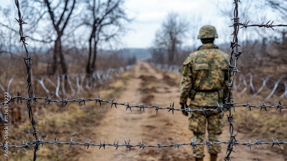 A soldier walks through a field with barbed wire on the ground. The soldier is wearing a camouflage uniform and he is on a mission. The scene is tense and foreboding, with the barbed wire A soldier walks through a field with barbed wire on the ground. The soldier is wearing a camouflage uniform and he is on a mission. The scene is tense and foreboding, with the barbed wire