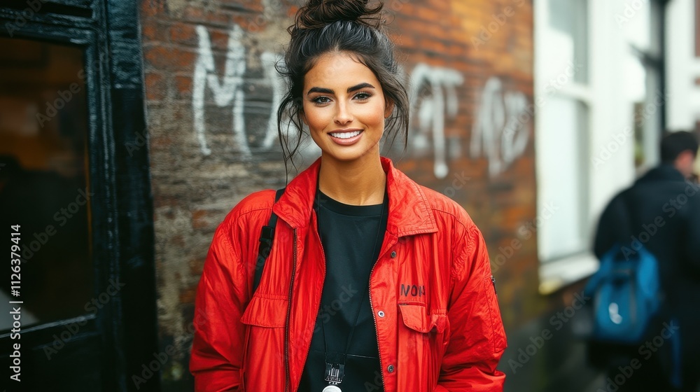Fototapeta premium A woman wearing a red jacket with the letters 