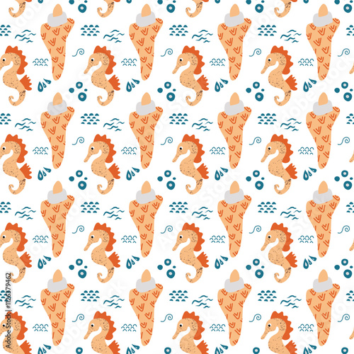 Seamless pattern with orange seahorses, seashells, and marine decorative elements