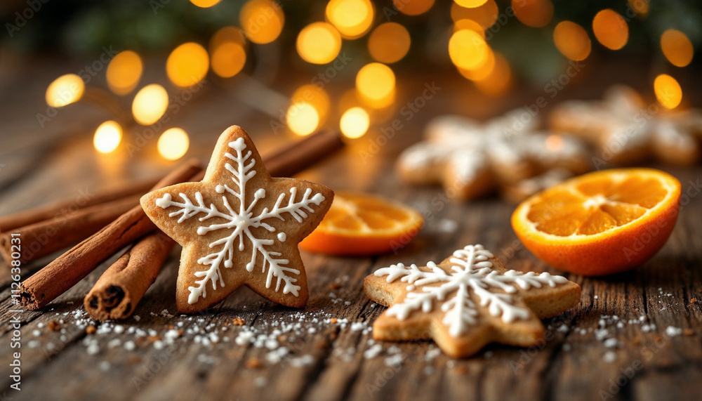 Fototapeta premium Cozy holiday scene with decorated cookies, cinnamon sticks, and dried oranges.