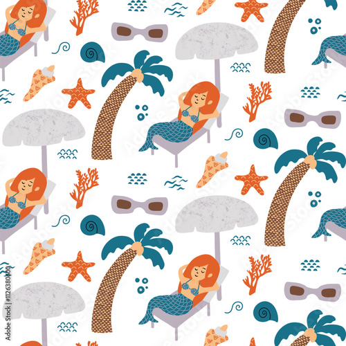 Seamless pattern with a mermaid relaxing under an umbrella, coral, palm tree, and seashell elements
