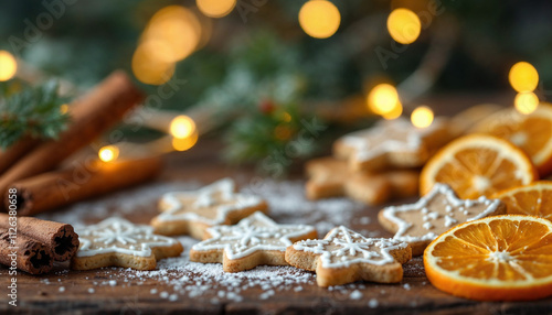 Cozy holiday scene with decorated cookies, cinnamon sticks, and dried oranges.

 photo