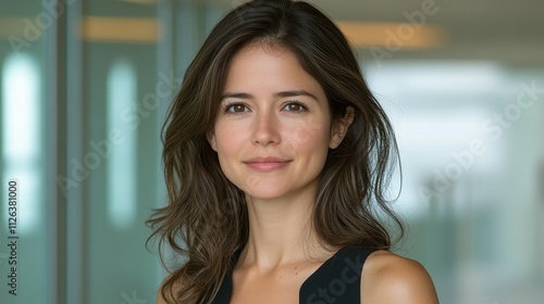 A woman with long brown hair and a black tank top is smiling for the camera. She looks confident and happy Free Download A woman with long brown hair and a black tank top is smiling for the camera. She looks confident and happy - GFXLoad