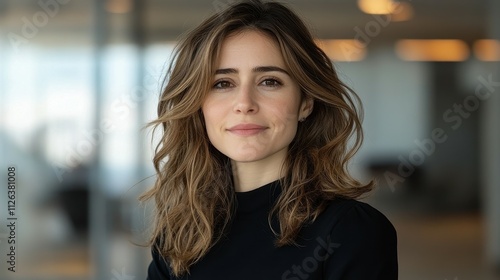 A woman with long brown hair is smiling for the camera. She is wearing a black shirt and she is in a professional setting Free Download A woman with long brown hair is smiling for the camera. She is wearing a black shirt and she is in a professional setting - GFXLoad
