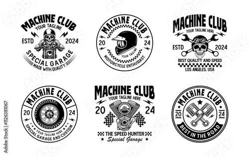 Vintage custom motorcycle logo sign badge vector collection. Motorbike garage and mechanic logo with retro style vector for t-shirt design. Set of design elements for motorbike parts photo