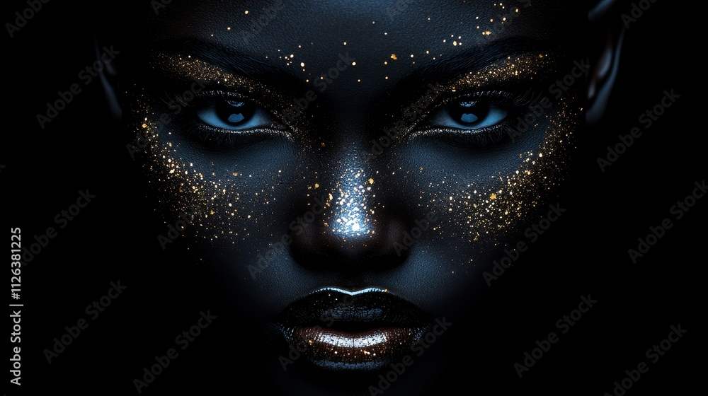A woman's face is covered in gold glitter. The image is black and white. The woman's face is the main focus of the image A woman's face is covered in gold glitter. The image is black and white. The woman's face is the main focus of the image