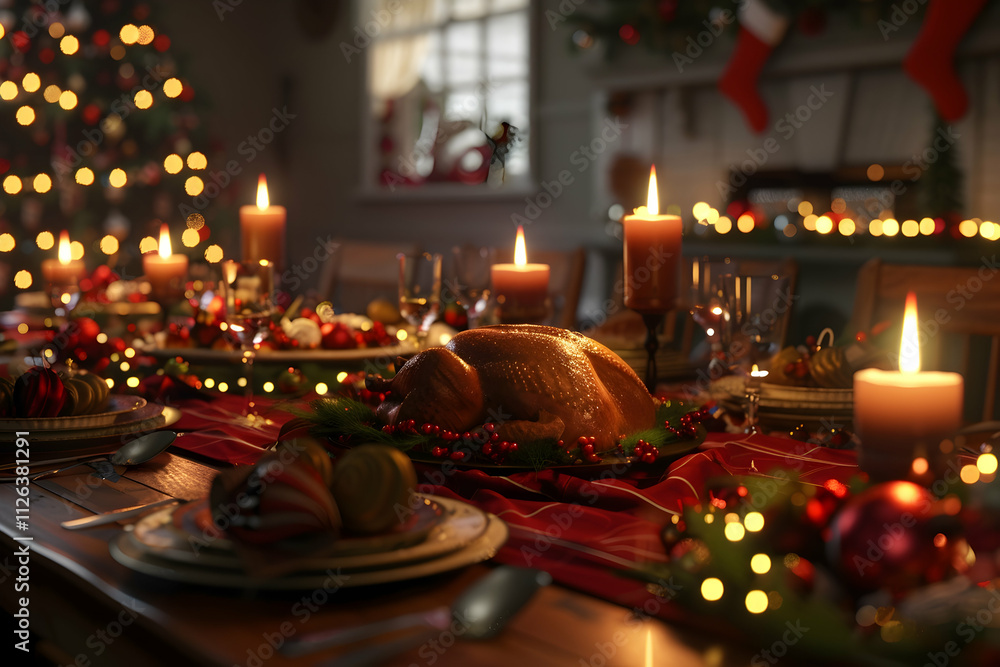 Festive Christmas dinner table setting with roasted turkey, candles, and ornaments. Festive Christmas dinner table setting with roasted turkey, candles, and ornaments.