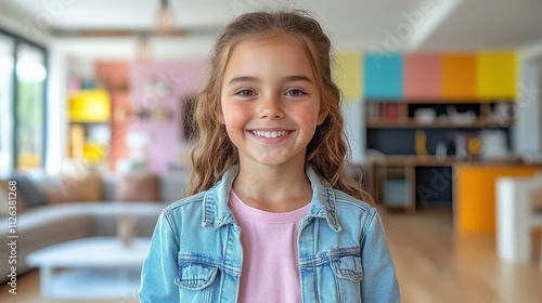 A young girl is smiling and wearing a blue jacket. She is standing in a room with colorful walls and furniture