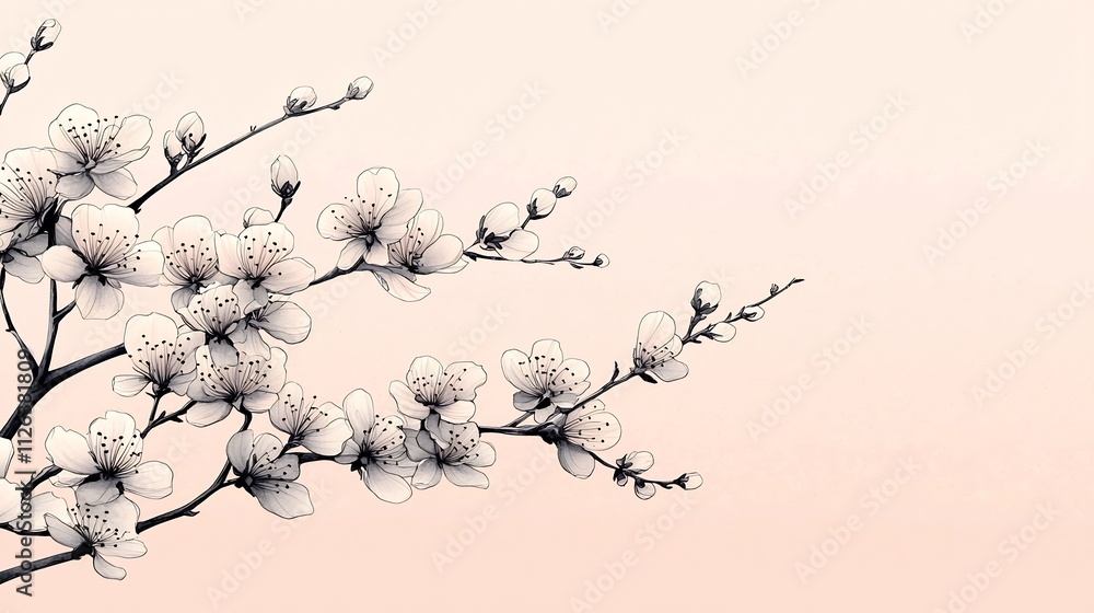Delicate Ink Drawn Cherry Blossom Branches Against Pale Pink Background