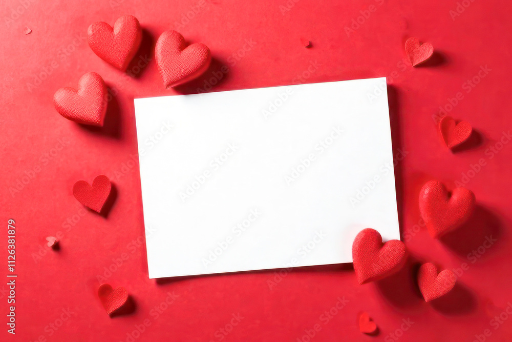 A vibrant red surface is adorned with various red heart shapes, surrounding a empty white card. Perfect for messages of love or romantic notes during special occasions. A vibrant red surface is adorned with various red heart shapes, surrounding a empty white card. Perfect for messages of love or romantic notes during special occasions.