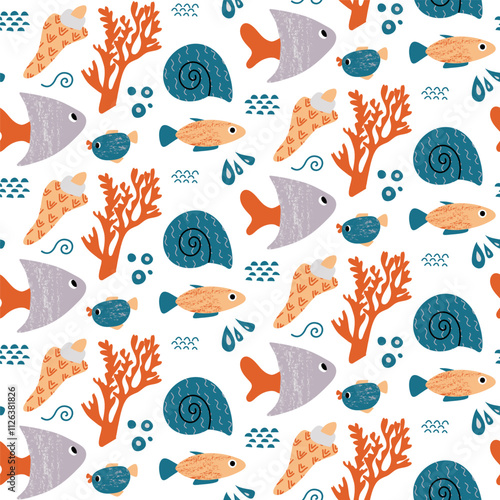 Seamless Pattern With Fishes, Coral, And Seashells On A White Background