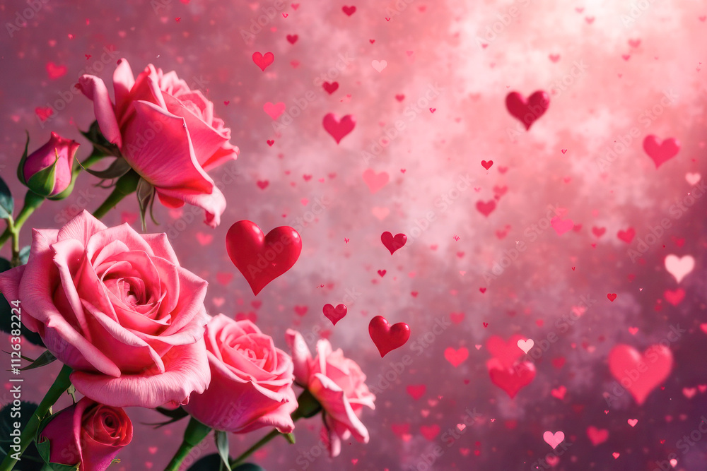 Pink roses are prominently displayed against a soft, sparkling background adorned with floating hearts, creating a romantic atmosphere ideal for special occasions. Pink roses are prominently displayed against a soft, sparkling background adorned with floating hearts, creating a romantic atmosphere ideal for special occasions.