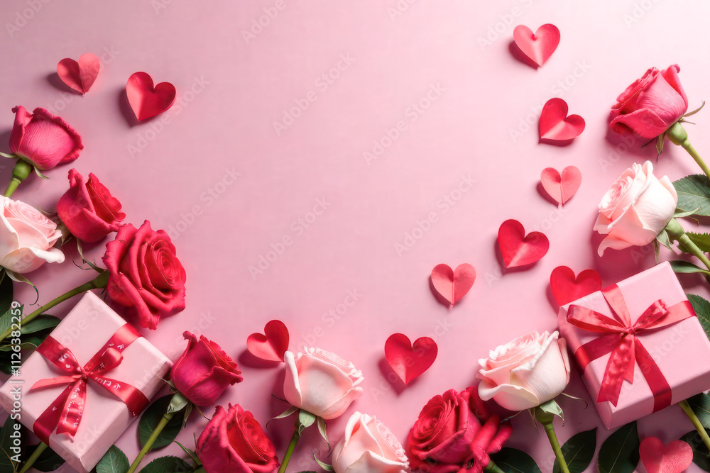 A collection of vibrant roses in various shades surrounds a beautifully wrapped gift box adorned with a red ribbon, creating a romantic atmosphere perfect for celebrations of love. A collection of vibrant roses in various shades surrounds a beautifully wrapped gift box adorned with a red ribbon, creating a romantic atmosphere perfect for celebrations of love.