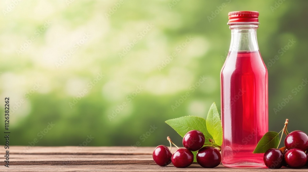 A vibrant cherry juice bottle sits on a wooden table, surrounded by fresh cherries and green leaves, with a soft, blurred natural background. A vibrant cherry juice bottle sits on a wooden table, surrounded by fresh cherries and green leaves, with a soft, blurred natural background.