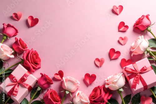 A collection of vibrant roses in various shades surrounds a beautifully wrapped gift box adorned with a red ribbon, creating a romantic atmosphere perfect for celebrations of love.