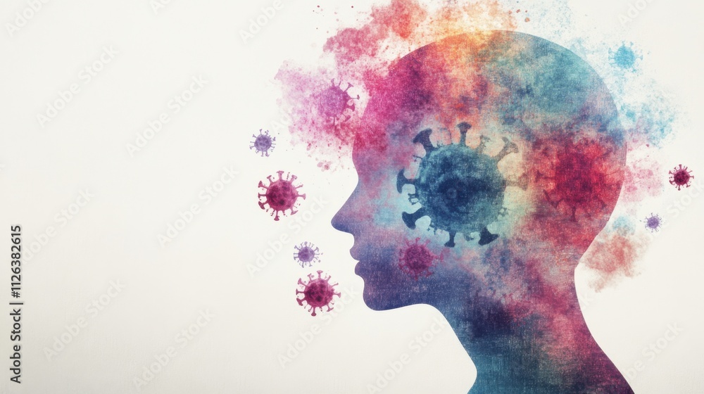 A colorful silhouette of a human head, filled with abstract patterns and virus shapes, symbolizing the impact of disease on mental health. A colorful silhouette of a human head, filled with abstract patterns and virus shapes, symbolizing the impact of disease on mental health.