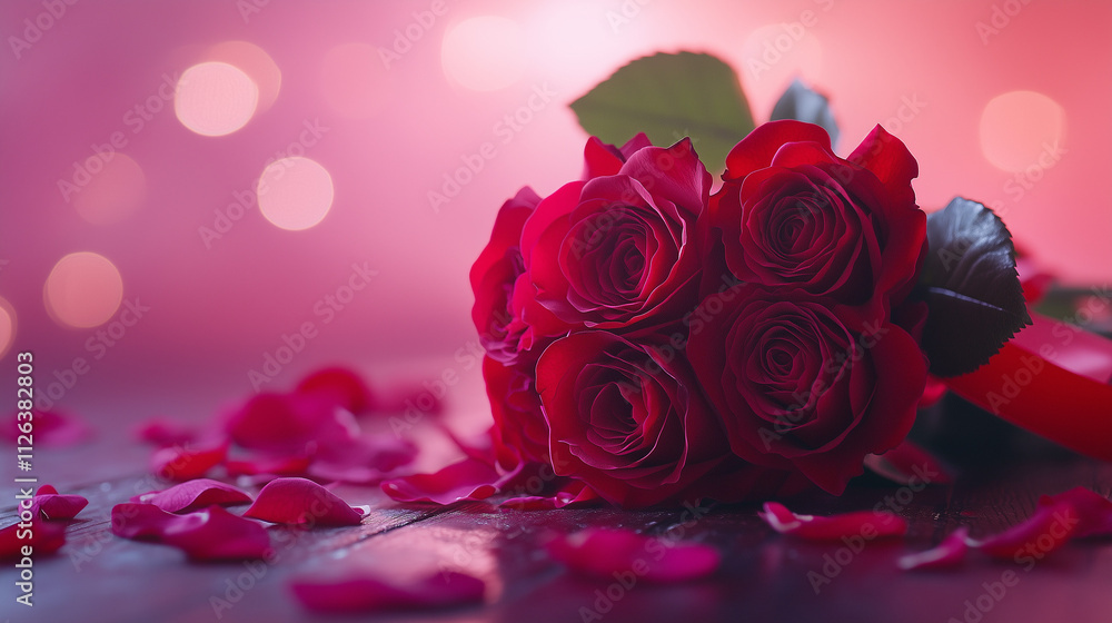 fresh red roses bouquet for Valentine's Day, tied with red satin ribbon, placed on a wooden table with rose petals scattered around it, Ai generated images fresh red roses bouquet for Valentine's Day, tied with red satin ribbon, placed on a wooden table with rose petals scattered around it, Ai generated images