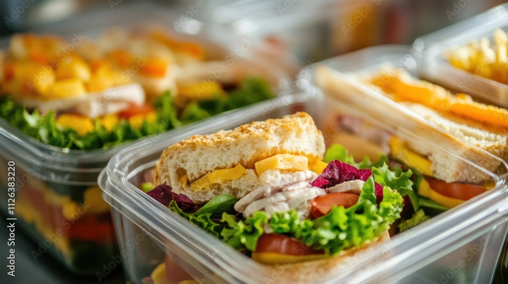Prepared lunch boxes with sandwiches. Prepared lunch boxes with sandwiches.