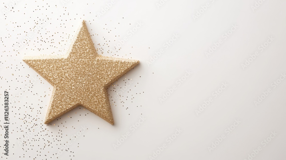 A golden star ornament rests on a light surface, surrounded by a sprinkle of glitter, creating a festive and cheerful atmosphere. A golden star ornament rests on a light surface, surrounded by a sprinkle of glitter, creating a festive and cheerful atmosphere.