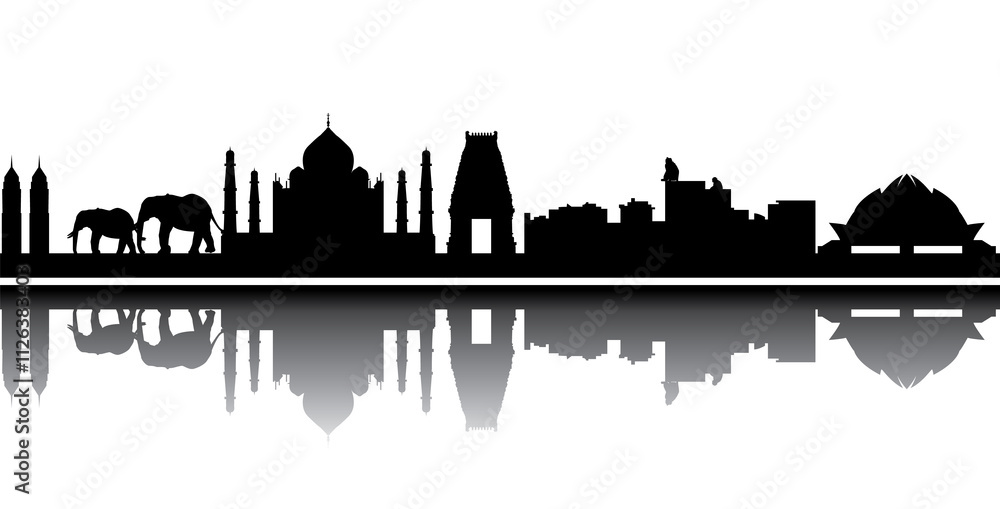 Naklejka premium Silhouette of Iconic Indian Landmarks and Wildlife Against White Background