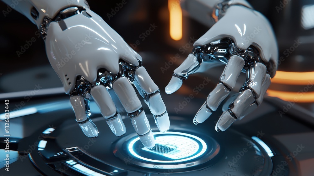 Close-Up of Robotic Hands with Glowing Interface Futuristic Technology Depicting AI, Automation, and Innovation Close-Up of Robotic Hands with Glowing Interface Futuristic Technology Depicting AI, Automation, and Innovation