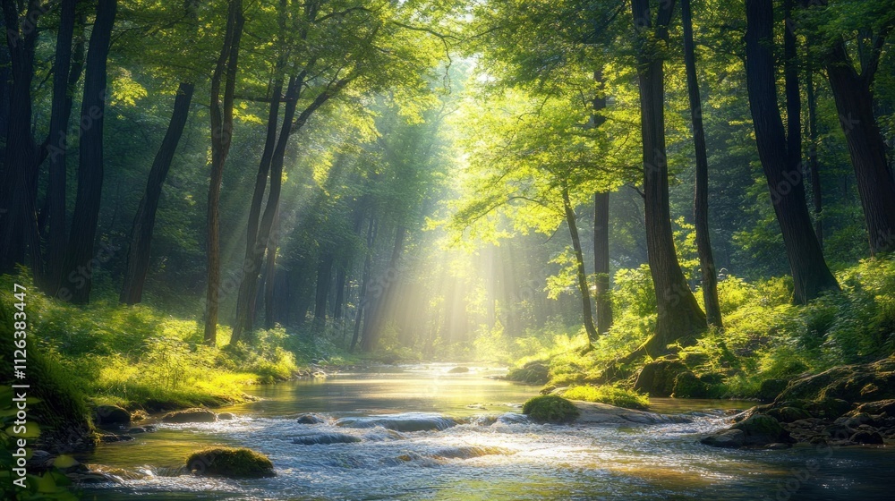 Fototapeta premium Forest river flowing through dense trees, bright sunlight creating sparkles on the water 