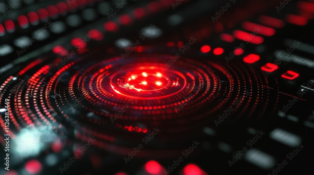 Red illuminated digital interface; circular pattern. Red illuminated digital interface; circular pattern.