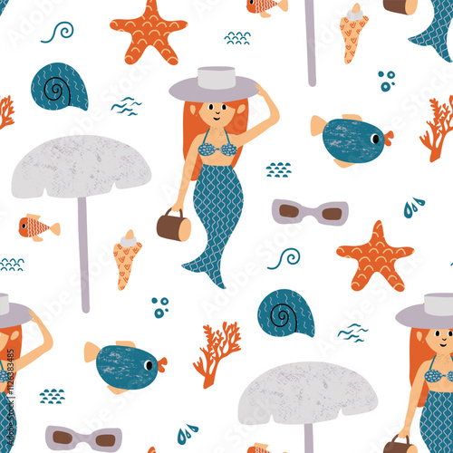 Seamless Mermaid Pattern With Coral, Starfish, And Beach Accessories