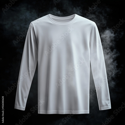 mockup plain white long sleeve t-shirt floating, black background with thin smoke, Ai generated images
