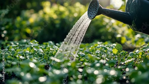 video of water pouring from a garden watering can onto green seedlings, plants, vegetable garden, gardening, spring nature