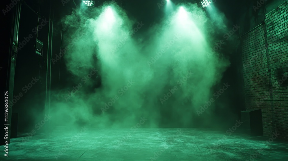 Fototapeta premium Green Smoke Background, Foggy Stage Scene, Theatrical Lighting Effect, Green Mist, Eerie Ambience, Backdrop for Performances, Dramatic