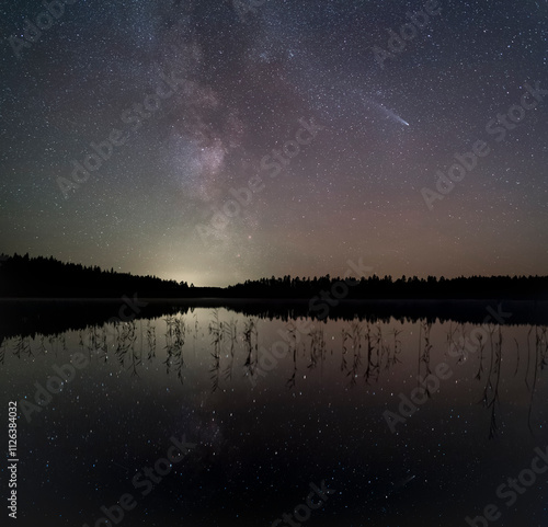 Milky Way and comet over a wilderness lake